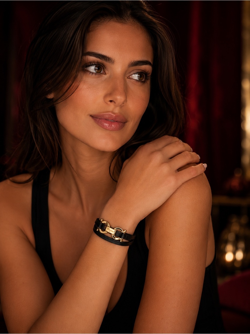 Salvatore Ferragamo Black Leather Double Wrap Gancini Bracelet | Gold | Full Set